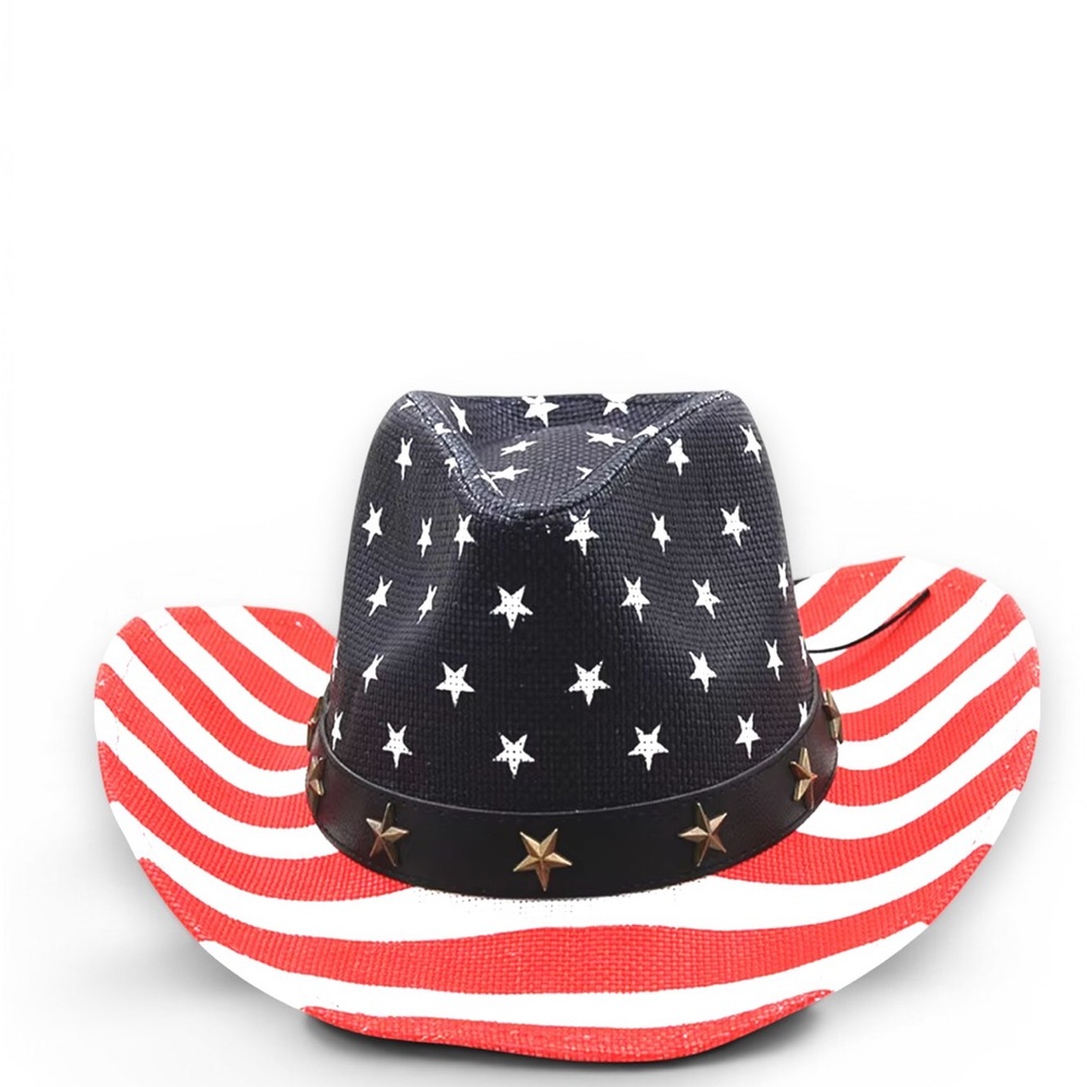 American USA Flag Star Stud Cowboy Straw Hat